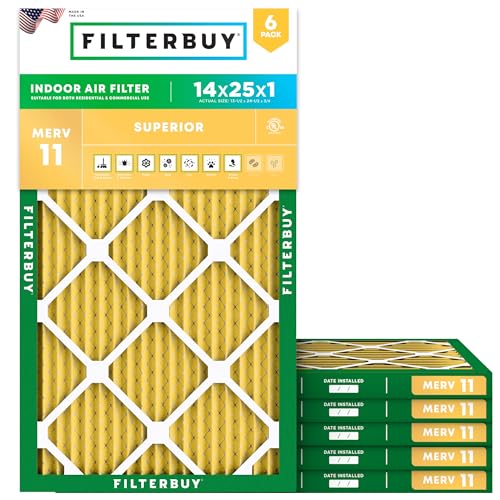 Filterbuy 14x25x1 Air Filter MERV 11 Superior Pet & Allergy Defense (6-Pack) Electrostatic Pleated HVAC AC Furnace Filters Replacement Made in USA (Actual Size: 13.50 x 24.50 x 0.75)