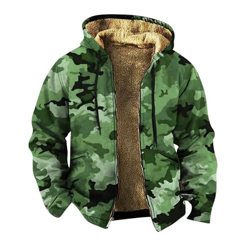 Mens Fleece Jacket Camo Winter Coat Zip Up Hooded Jacket Heavyweight Sherpa Lined Hoodie Outdoor Warm Soft Coat Pocket