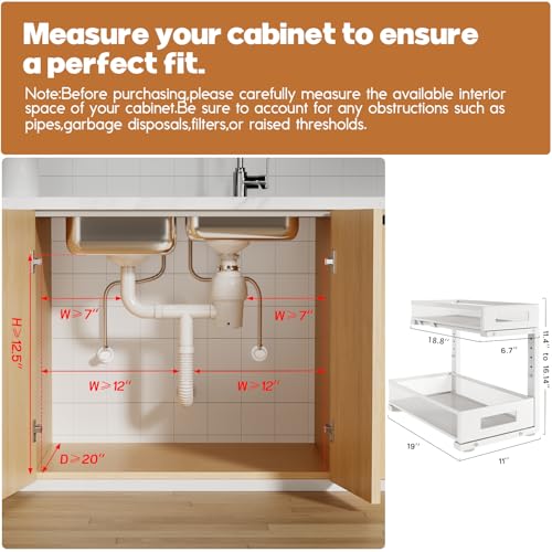 Image of 2 Pack 19IN Depth Under Sink Storage Organizer, Large 2-Tier Elegant Mesh Pull Out Shelf for Kitchen and Bathroom Cabinet Organization, L-Shaped and Adjustable Height Design-White