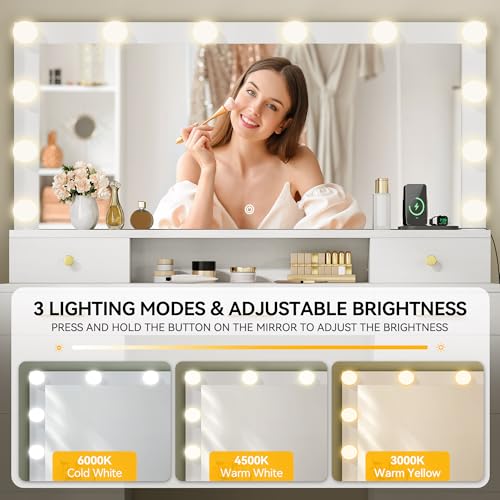 DWVO Vanity Desk Large White USB & Type C 11 Drawers for Bedroom, Vanity Desk with Mirror and Lights