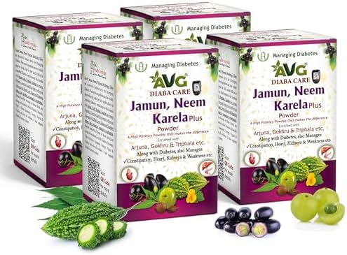 AVG Health Organics Diaba Care Karela Jamun Neem Powder 200g | Pack of 4 | Diabetes Control Ayurvedic Supplement with Arjuna, Gokhru & Triphala | Helps in Relieving Constipation | AYUSH & GMP Certified