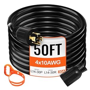 VEVOR 50 FT 30 Amp Generator Extension Cord SJTW 10 AWG 4 Prong, NEMA L14-30P 125/250V Heavy Duty Generator Power Cord with Twist Lock Connector