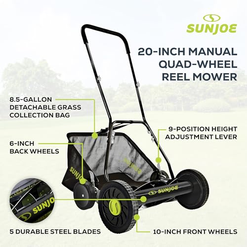 Image of Sun Joe Manual Push Reel Lawn Mower with 8.5-Gal Grass Catcher, 20-Inch Cutting Width - Heavy-Duty Yard Trimmer Machine for Gardening Care and Maintenance, MJ502M