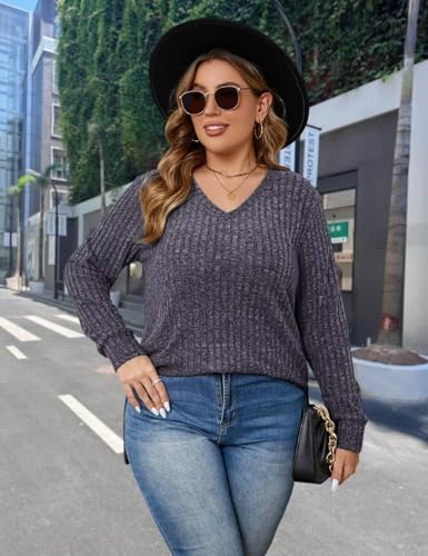 Image of MONNURO Women's Oversized Sweater V Neck Tunic Sweater with Split Hem Long Sleeve Ribbed Pullover Sweater(Heather Black,2X)