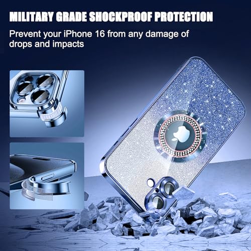 Image of Misscase for iPhone 16 Magnetic Glitter Case Compatible with MagSafe,Full Protection Slim Shockproof Anti-Scratch Case with Camera Lens Protector Logo View Dust-Proof Net for Women Blue