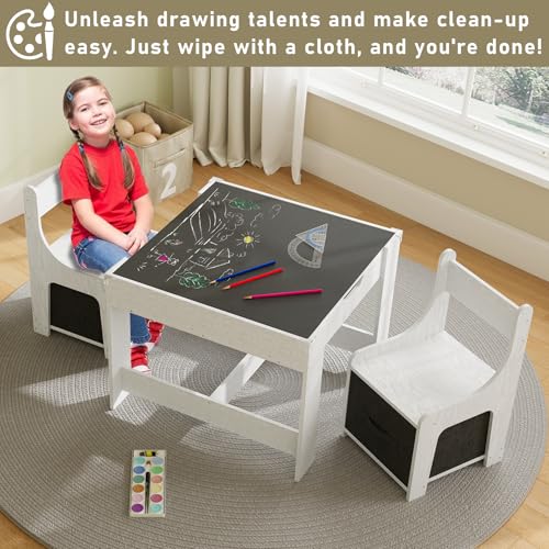Kids Table and Chair Set 3 in 1 Activity Table with Storage Desktop and Drawers Early Childhood Education and Toddler Nursery Table Set in Playroom Bedroom Classroom