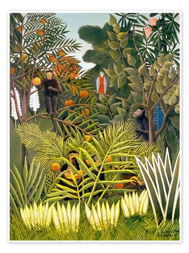 Paysage exotique avec des singes et un perroquet Poster de Henri Rousseau 60 x 80 cm Vert Tableaux Décoration murale