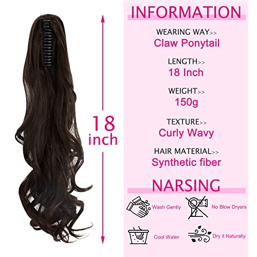FUT Womens Claw Ponytail Clip in Hair Extensions 18" Long Curly Hairpiece Medium Brown - Thumbnail 2