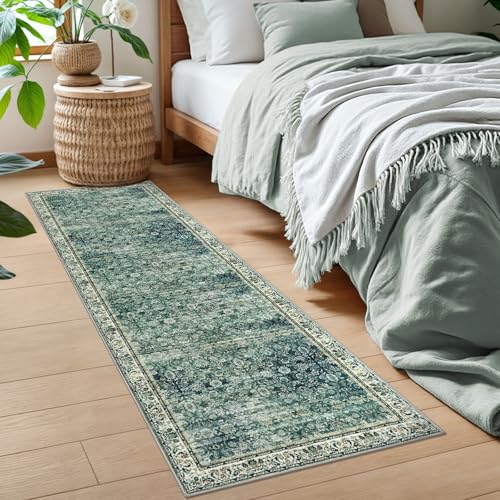 2x6 Green Blue Washable Runner Rug for Hallways, Soft Classic Kitchen Rugs with Non-Slip, Non-Shedding Distressed Floral Carpet for Entryway Bedroom Bathroom Laundry Indoor