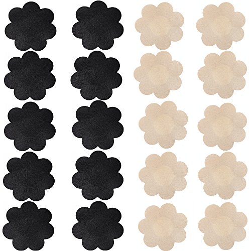 Nippleless Cover, 20 Pairs Self-Adhesive Disposable Bra Gel Petals Pad Pasties (Beige 10 Pairs + Black 10 Pairs)