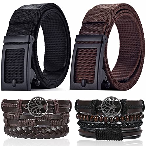AOKDEER Toothless Automatic Buckle Belt 2 Pack, Ratchet Belt Leather Bracelets for Men, Golf Web Men's Belt, Adjustable Tactical Nylon Belt for Men Metal Buckle, Outdoor Leisure Breathable Canvas Belt