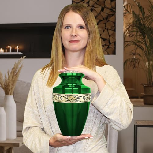 Image of Trupoint Memorials Cremation Urns for Human Ashes, Funeral Memorial Urn for Male and Female, Decorative Burial Grecian Urn Collection for Adult Men & Women - Green and Gold, Adult (200LB)