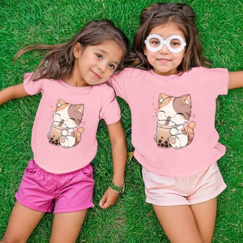 KEEVICI Cute Cat Shirts for Girls Graphic Tees Bubble Tea Tshirt Kids Kawaii Cartoon Animal Print T Shirt Summer Cotton Tops3