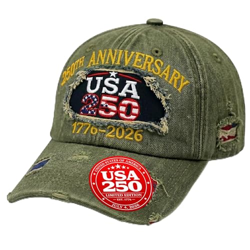 Jester Fiesta USA 250th Anniversary Hat 17762026 - Army Green - Distressed Ripped Baseball Cap with Embroidered Design - Adjustable Metal Buckle - Independence Day July 4th Patriotic Cap