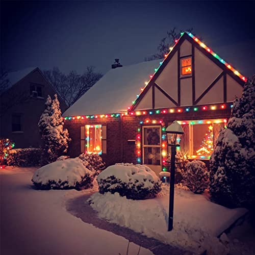 Image of C7 Christmas Lights Multicolor 25Ft Outdoor Patio String Light with 27 LED Clear Multicolor Bulbs, Vintage Christmas Lights for Outdoor Roofline Xmas Garden Wedding Party Decorations- Green Wire