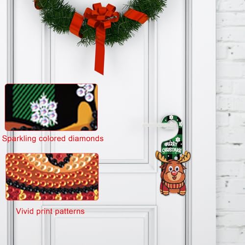 Image of AiYuanzsh Diamond Painting Christmas Door Sign Pendant Kits for Door Decoration, Christmas Deer 5D Crystal Rhinestones Diamond Art Hanging Door by Number Kits Hanging Home Decor Gift