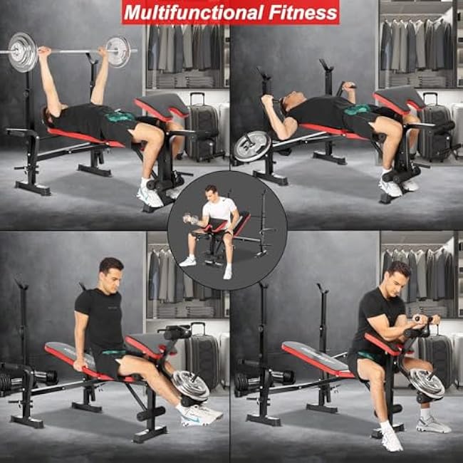 OPPSDECOR 6 in 1 660lbs Weight Bench with Leg Extension and Leg Curl, Foldable Bench Press Set and Squat Barbell Rack with Preacher Curl, Adjustable Workout Bench for Home Gym Strength Training PXZXYX1