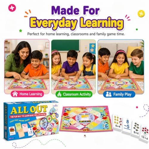 Image of Creative's All Out, Maths Board Game for Kids, 4-in-1 Addition Subtraction Multiplication Division,120 Game Cards Dice Activity Guide, Basic Arithmetic Skills, STEM Educational Games, Ages 6+