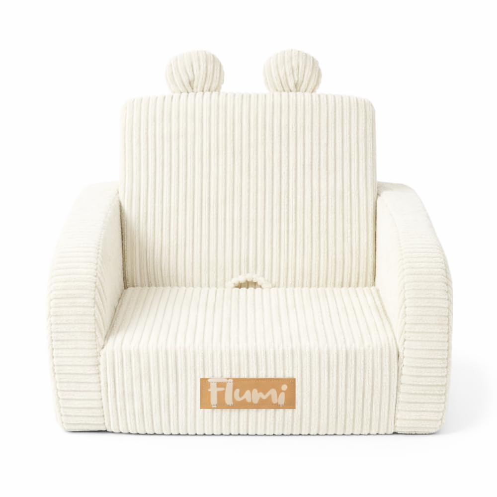 Flumi Fauteuil Enfant Mousse Convertible personnalisé 2 en 1 avec prénom, canapé Enfant dépliable pour Chambre bébé ou Enfant, Housse Amovible Lavable (Velours côtelé crème)