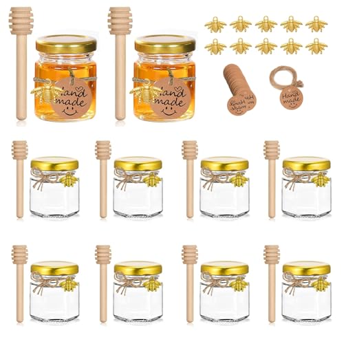 Yiyifor Mini Glass Honey Jars, 10 Pieces Round Honey Jars with Wooden Honey Sticks,Kraft Pape tag,Gold Bee Pendants,Jute,Small Glass Jars for Honey,Perfect for Baby Shower,Wedding Favors,Party Favors