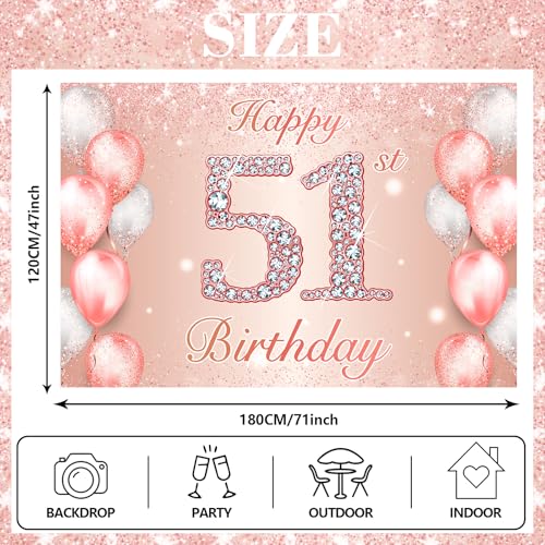 Image of Happy 51st Birthday Rose Gold Banner Cheers to 51 Years Old Backdrop Confetti Balloons Theme Decor for Women 51 Years Old Pink Birthday Party Decorations Bday Supplies Background Favors Gift Glitter