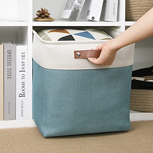 Image of DULLEMELO Cube Basket for Storage, Collapsible Fabric Cube for Organizing, Storage Cube for Closet, Laundry, Nursery, Shelves, Decorative Basket for Gifts Empty (White&Teal)