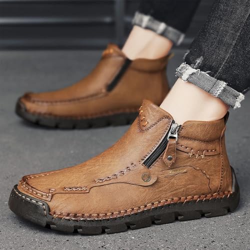 Stepthetop Motorcycle Boots, Men'S Casual Leather Shoes, Hand Stitched Mid-Top Loafers, Anti-Slip, for Work, Driving4