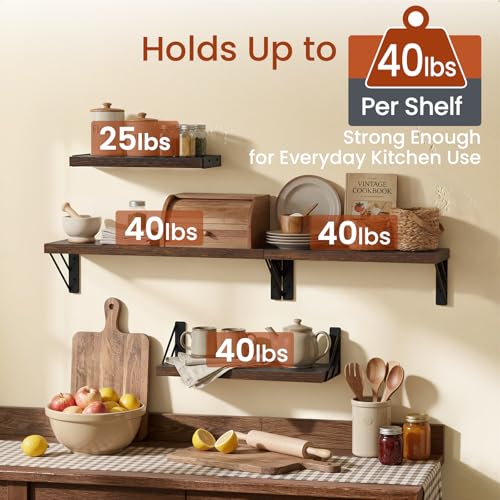 Image of BAYKA Wall Shelves for Bathroom Decor, Rustic Brown, Set of 4, 16in | Floating Shelves for Living Room Kitchen Storage, Mounted Rustic Wood Shelves for Kids Books, Corner Shelf for Bedroom