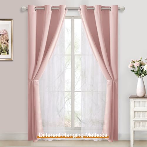 Image of DWCN Pink Blackout Curtains with Sheer Overlay with Tiebacks 84 Inch Long