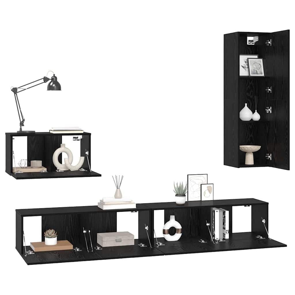 Meuble TV Mural en Bois d'ingénierie chêne Noir 4 pcs avec étagères, Porte à charnières, Rangement Suspendu pour Salon, Support Console Moderne et Design scandinave