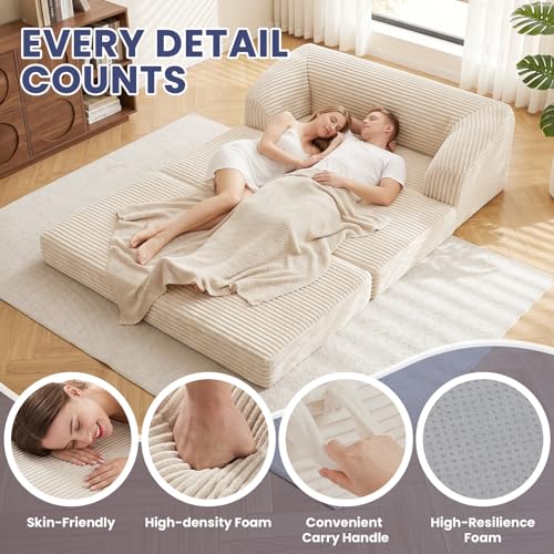 Image of JUIKURY Convertible Sofa Bed, 3-in-1 Foldable Loveseat Couch with Armrest, Corduroy Floor Sofa & Sleeper Bed, No Assembly High-Density Foam Futon Mattress for Living Room, Small Apartment, Dorm