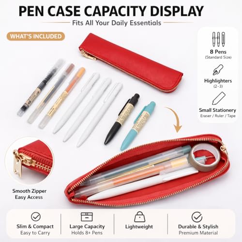 Image of Faux Leather Pencil Case Small Pencil Pouch Slim Pen Case Holder Zipper Bag for School Office(Bright Red)