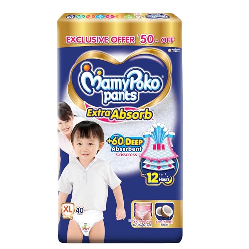 Image of MamyPoko Pants Extra Absorb Baby Diapers, Extra Large (XL Size) | 12-17 kg | 40 Count |Deep Sleep Diapers| Soft Gentle fit |Deep Absorbent Crisscross | Skin Friendly with Coconut Oil |