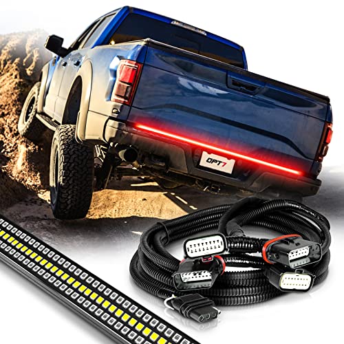 OPT7 Plug'n'Play Bundle for 2015-2020 F150 w/Blind Spot Monitor – 60" Redline Triple Row LED Tailgate Light Bar w/Sequential Red Turn + Easy Connect Harness