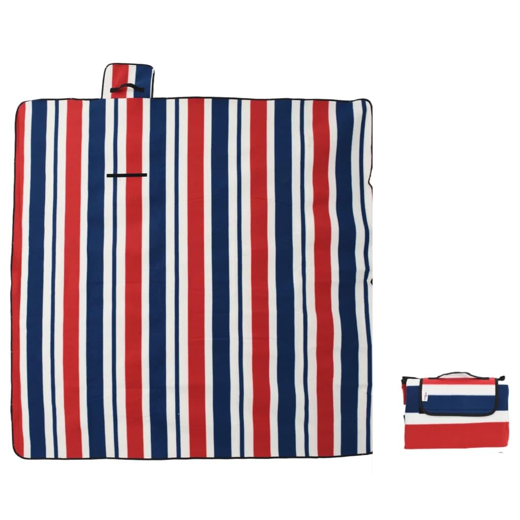 Coperta da picnic, 200 x 200 cm, coperta pieghevole per esterni con superficie in velluto, fondo impermeabile, per spiaggia, campeggio e parco, a righe rosse e blu