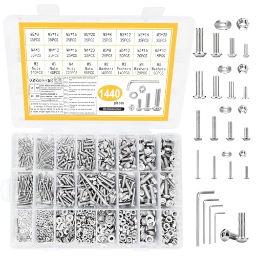 1440 piezas Juego de tornillos M2 M3 M4 M5, juego de tornillos de cabeza redonda con llave interna hexagonal, juego de tuercas, tornillos de cabeza lisa con llave interna hexagonal de acero inoxidable