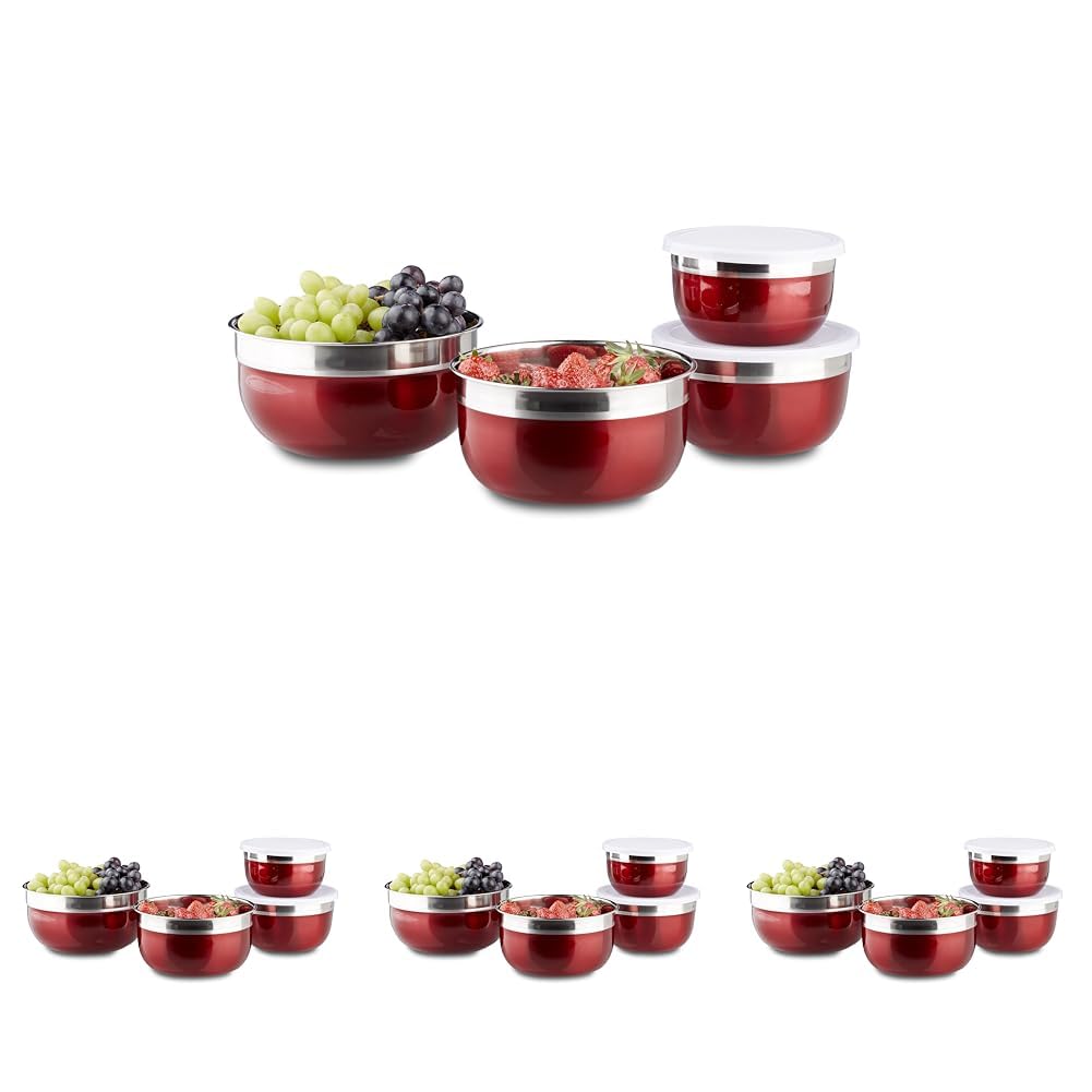 Relaxdays 10020833_47 Schüssel Set mit Deckel, verschiedene Größen, Camping, 4-teilig, Edelstahl, rot, 18.4 x 18.4 x 9 cm (Packung mit 4)