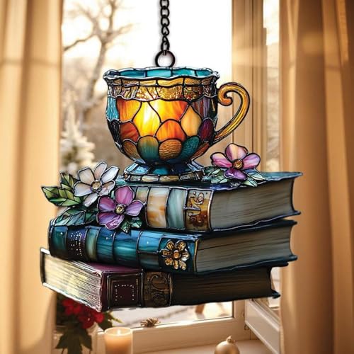 Bookish Teacup Acrylic Suncatcher Stained Glass Effect Window Car Hanging