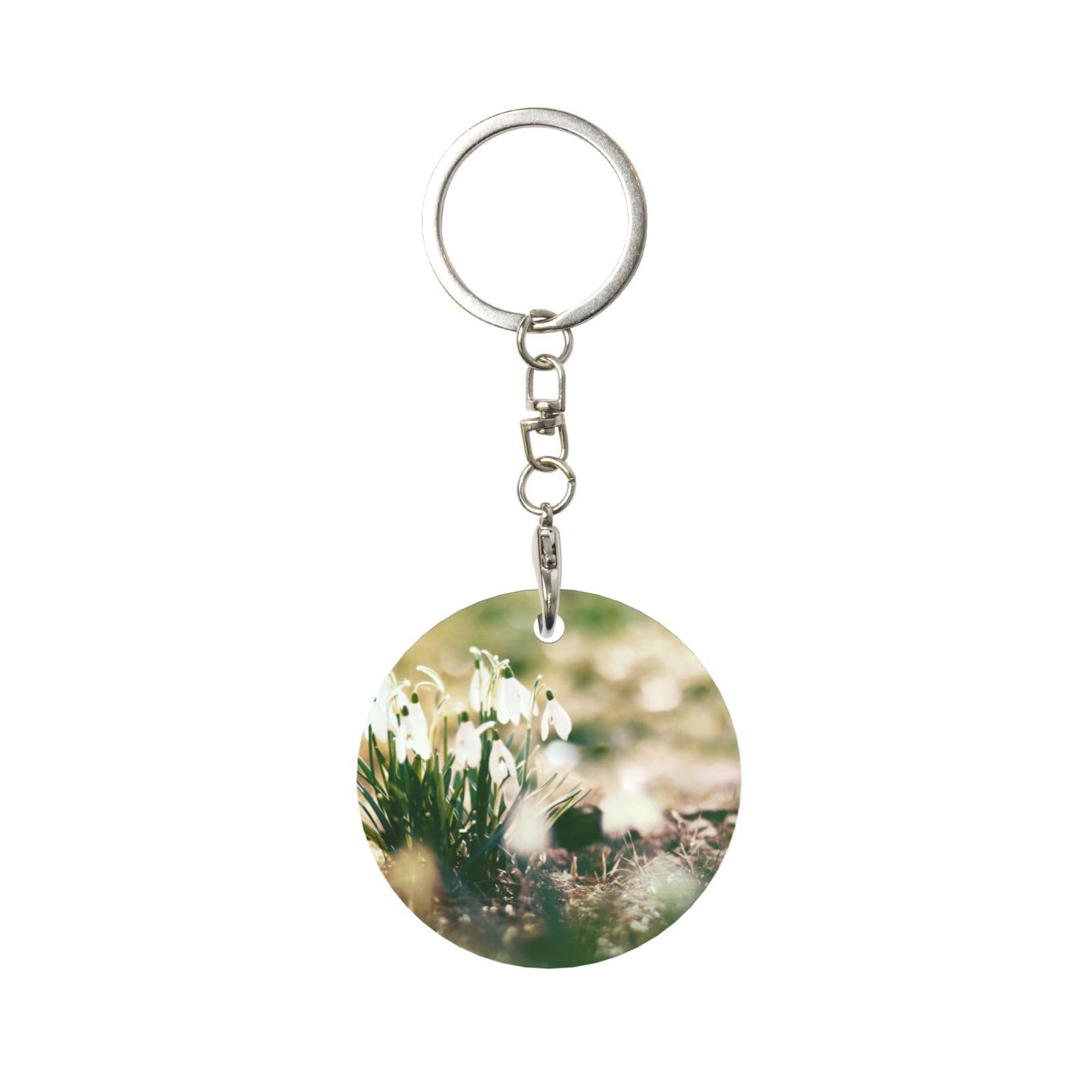 EgoMed Round Metal Keychain, Metal Keychains Keyring Car Key Chain Ring Holder 1 pc, Wild Spring Snowdrop