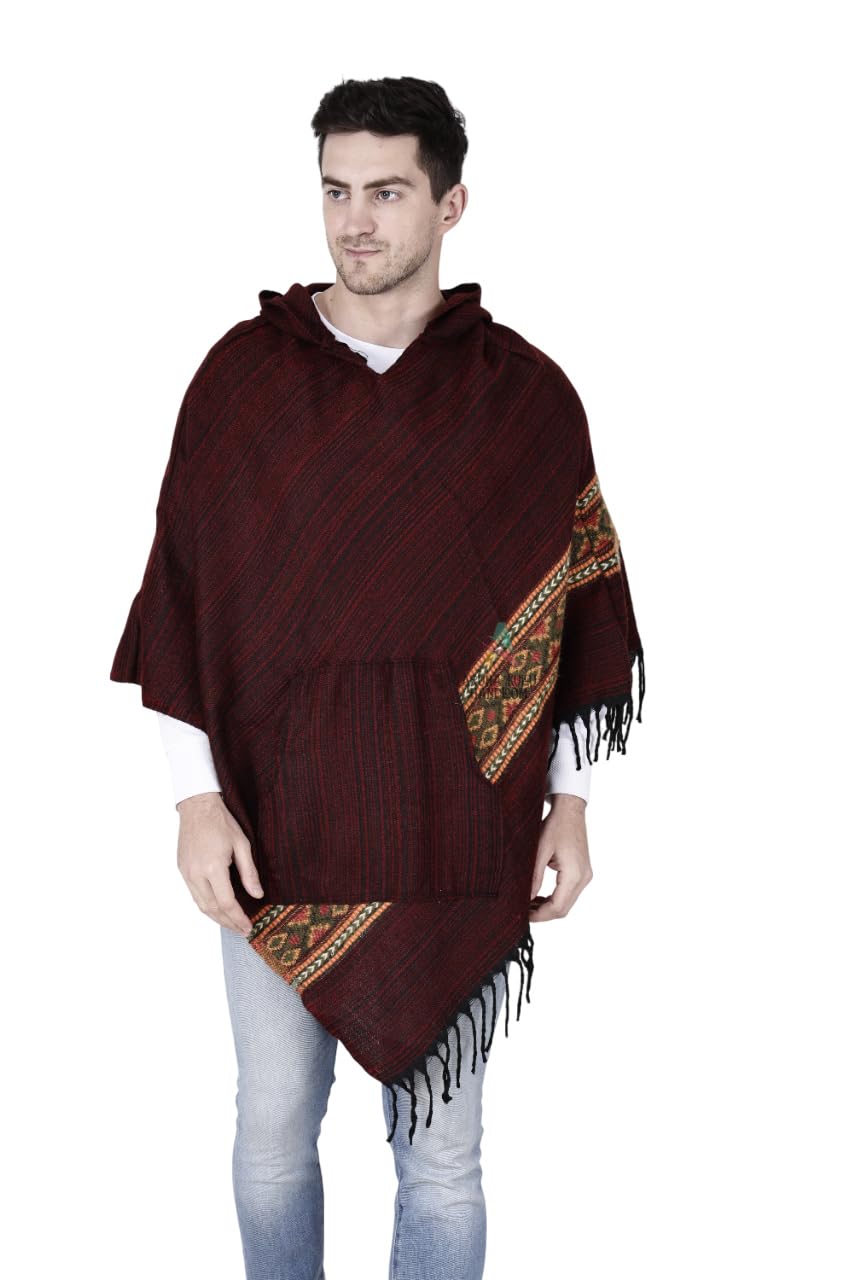 kullu woolen poncho with hood for men multi color long-image-4