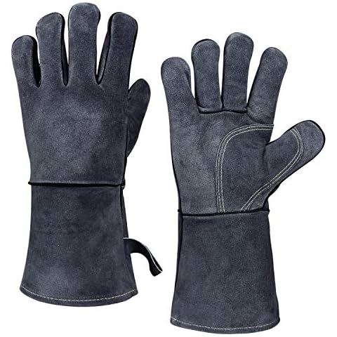 OZERO Heat Resistant Gloves,Leather Fire Gloves for Grill,BBQ,Oven,Welding,Gardening Cover