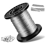 Drahtseil Edelstahl Stahlseil mit Crimphülsen, 304 Edelstahlseil Gardinenseil Wäscheleine für Kletterpflanzen, Zaun, Lichter Hängen, Hängeleuchte (1mm x30m-30pcs)