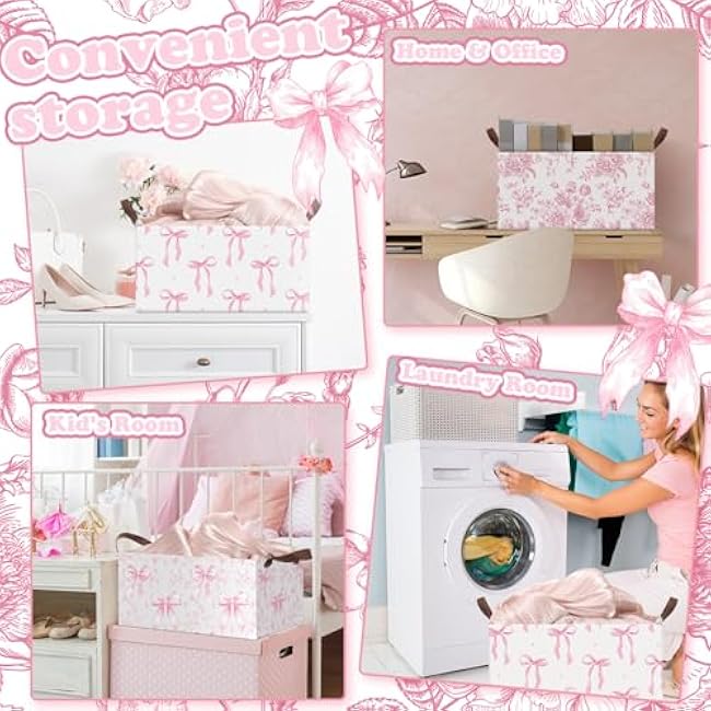 Boao 3 Pcs Pink Bow Storage Bin Coquette Collapsible Large Storage Baskets for Gifts Empty Candy Holiday Decor Canvas Laundry Basket Foldable Box with Handle for Office Home Bedroom Clothes