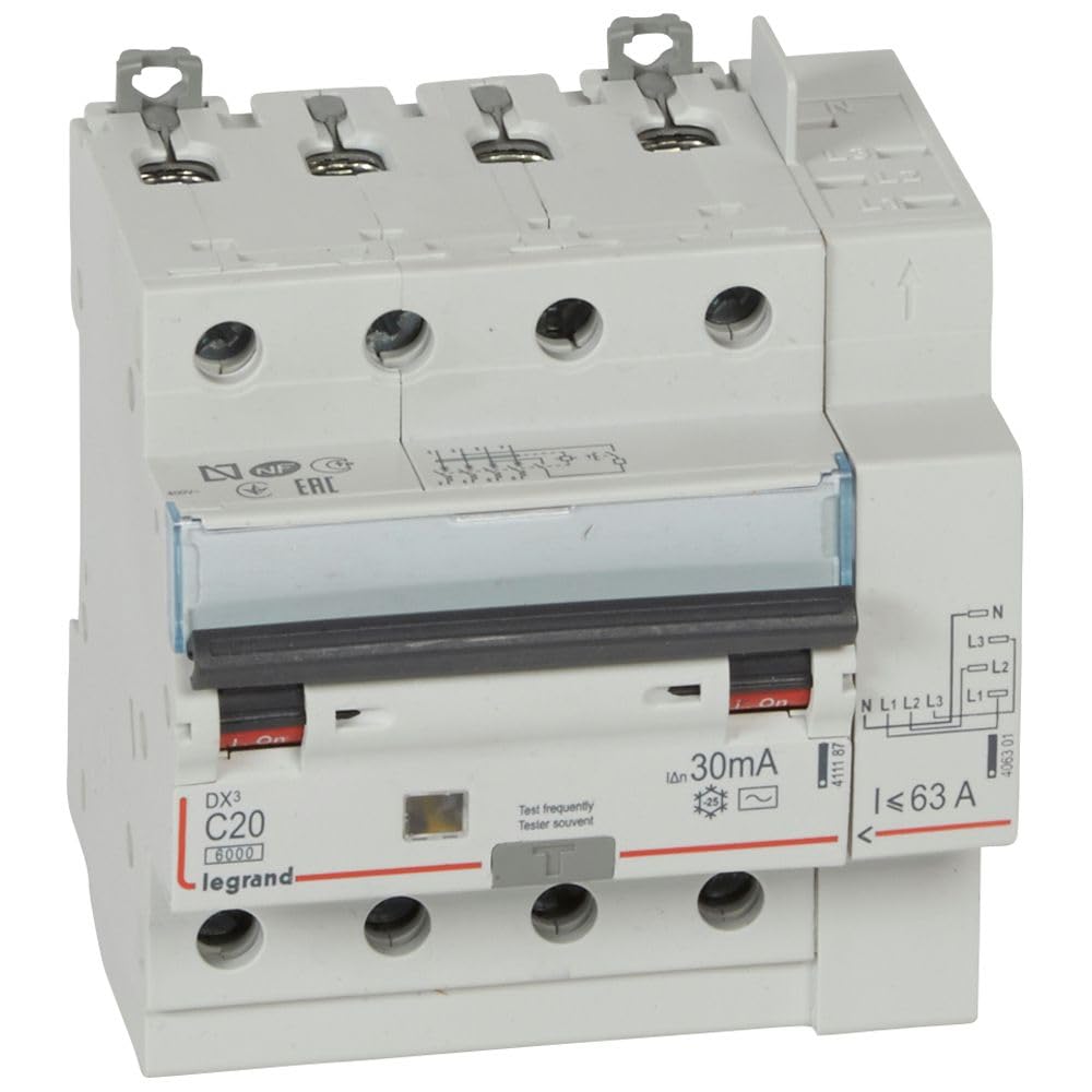 Legrand 411198 Interruttore differenziale monoblocco DX³6000 10kA arrivo alta vite partenza automatica 4P, 400V, 20A typeAC, 30mA