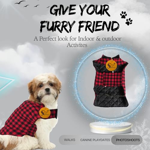 Image of Sage Square Winter Coloured Dog Coat - All-Weather Protection, Windproof, Waterproof Cozy Fleece Lining, Adjustable Straps, Durable Construction, Stylish, Comfortable, Jacket (Red & Black, Small)