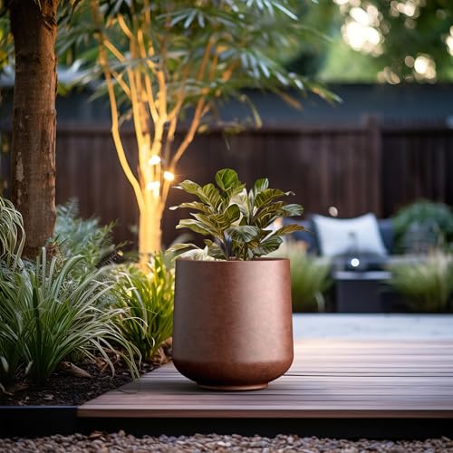 Image of Kante Large Round Curved Rusty Concrete Planter 16.5 inch Dia, Outdoor | Rubber Plug for Indoor, Drainage for Garden, All-Weather Cement Tree Pot, Handcrafted, Anti-Frost & UV, Modern Home Decor