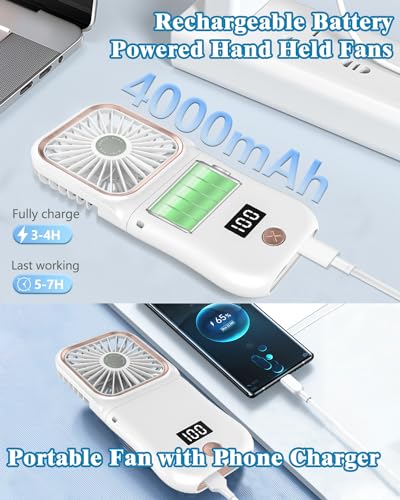 Handheld Fan Rechargeable,Portable Fan Battery Operated with LED Display,Mini Small Hand Foldable Fans with Power Bank,4000mAh Travel Personal Fans,Makeup LashFan for Girls Women Kids
