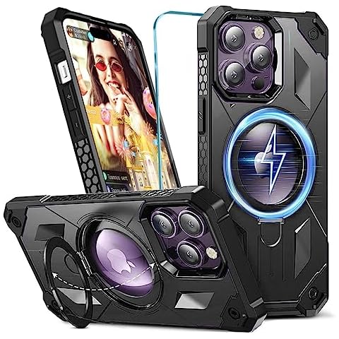 WATEFULL Compatible with iPhone 14 Pro MagSafe Case Invisible Foldable Magnetic Ring Stand, Glossy Dual Layer Protective Bumper iPhone 14 Pro Case Cover 6.1", with 1 Screen Protector(Black) Cover