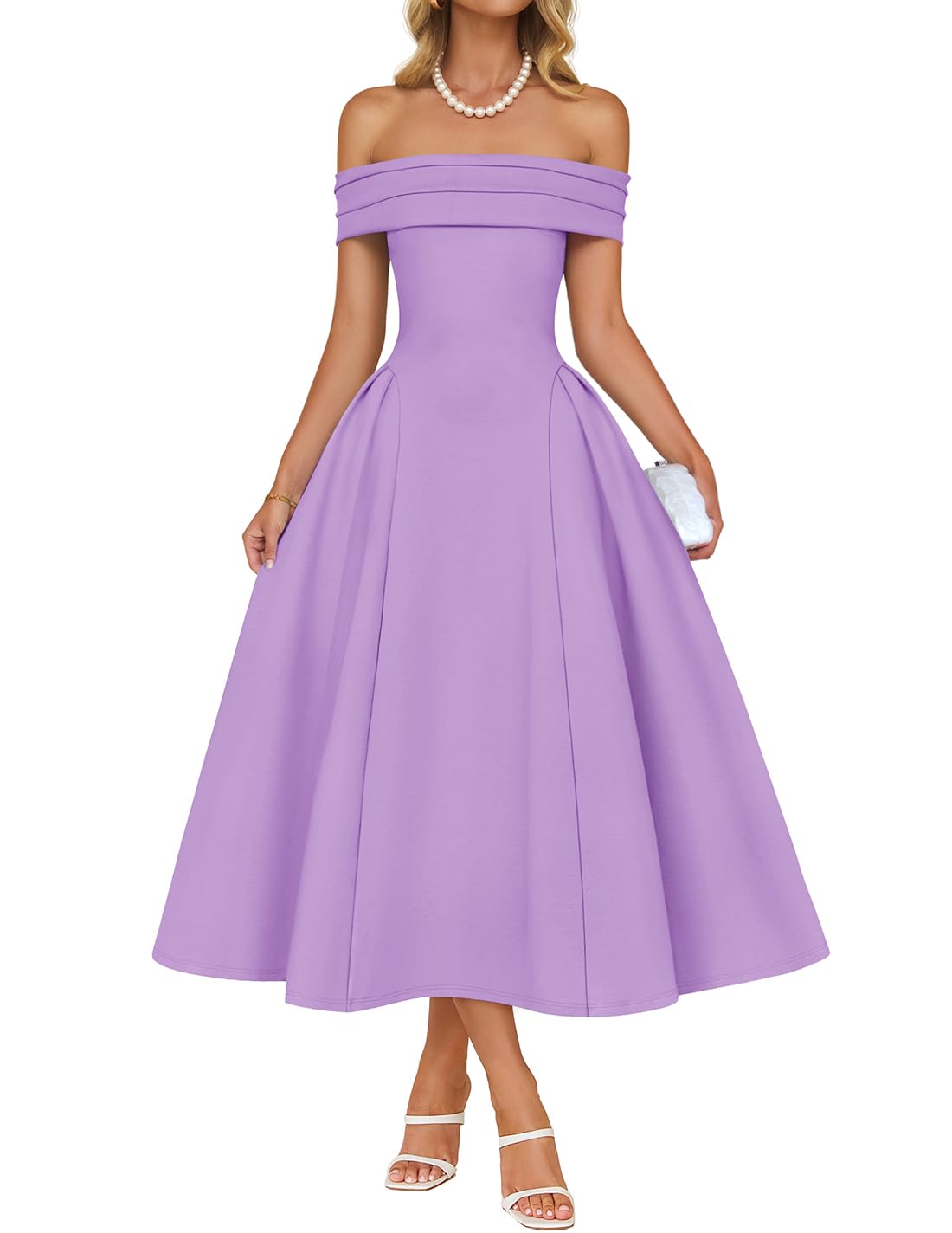 Photo 1 of ZESICA Summer 2026 Cocktail Dresses for Women's Off Shoulder Short Sleeve Swing A Line Wedding Evening Party Midi Dress Purple Small