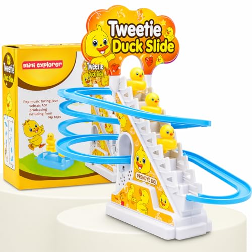 Image of MiniExplorer Duck Track Toys for Kids - Stair-Climbing Escalator with Lights & Music, Includes 3 Small Ducks - Interactive Duck Track Slide Toy - Perfect Toddler Gift